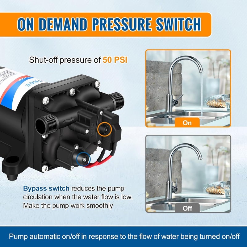 YoungTree 12V RV Water Pump 3.5GPM 55PSI On Demand Fresh Water Pressure Diaphragm Pump 12 Volt Self Priming with Pressure Switch for RV Camper Marine Sprayer Outdoor Shower Kitchen Garden - Image 4